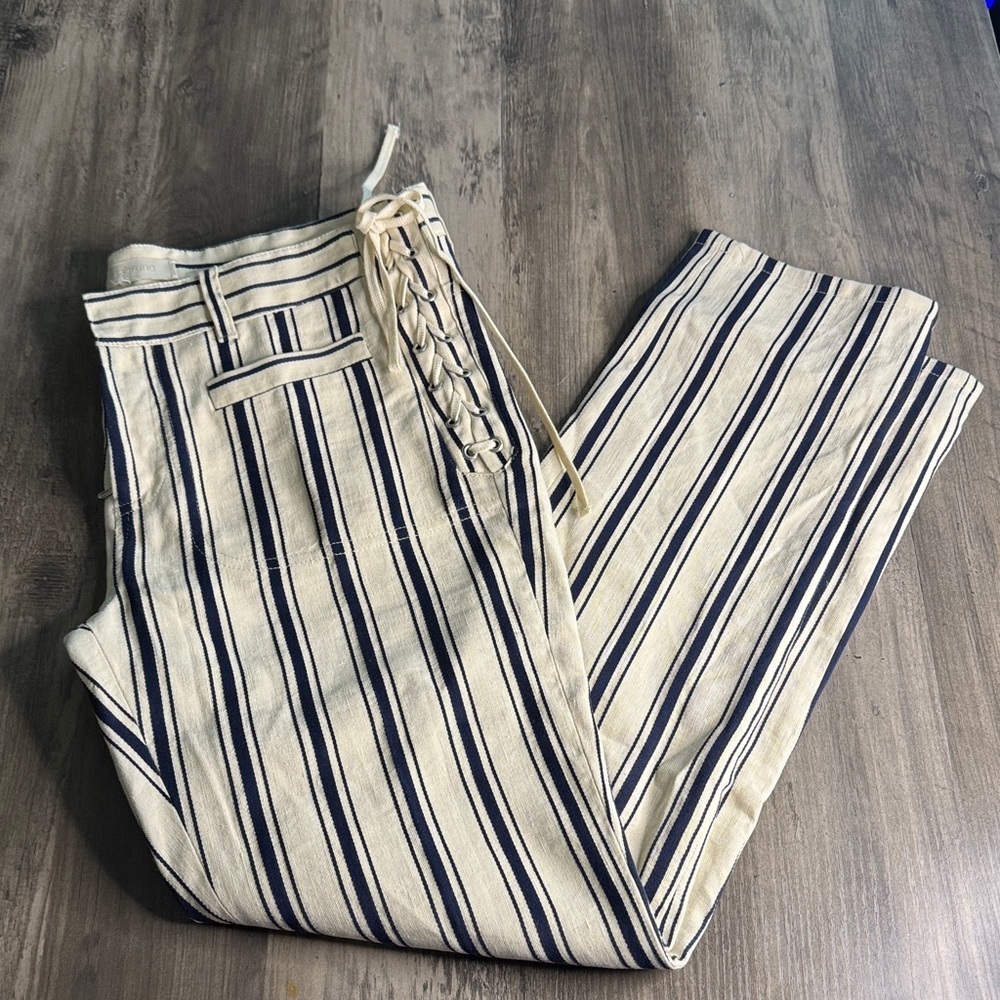 Vanessa Bruno Cream and Navy Striped Straight Leg Pants With Lace Up Side Detail